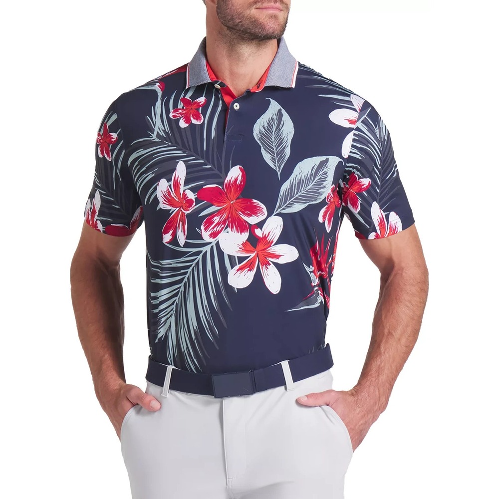 NWT Puma Mattr Polo Shirt Mens M Luau Navy Blue Floral Tropical Hawaiian Blue